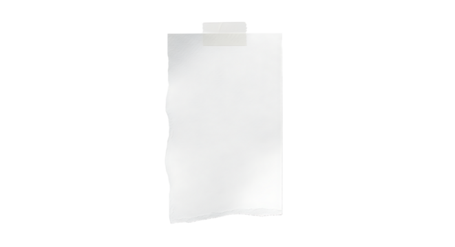 White Paper with Tape PNG: A realistic blank sheet of white paper held by adhesive tape. An isolated design element with a transparent background for notes and mockups.