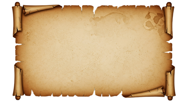 Aged Paper Texture PNG: A blank, vintage parchment element with a rustic grunge texture and burnt edges, isolated on a transparent background for easy layering in designs.