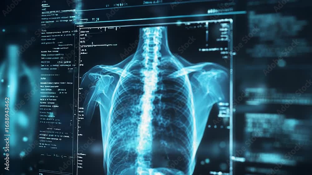 Aufkleber futuristic interface displaying rotating 3d x ray of human torso and spine
