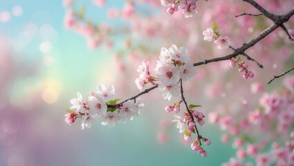 Cherry blossom branch with pink flowers and a soft, colorful background. Springtime and floral nature scene. Delicate and beautiful bloom display.