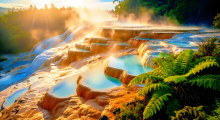 Fototapeta premium Mystical Geothermal Paradise: Steaming Terraces at Sunrise