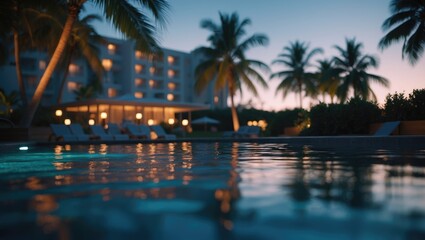 Obraz premium A tropical resort pool with palm trees and a building illuminated at dusk. Vacation and relaxation, resort and leisure, atmosphere and environment. The scene of leisure and tropical setting.