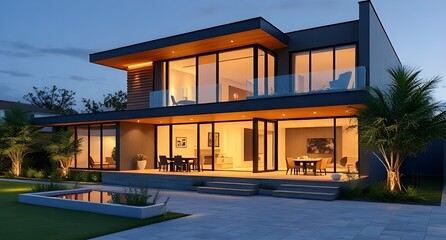 Stunning modern home exterior at dusk with inviting outdoor space for luxury living and upscale real estate