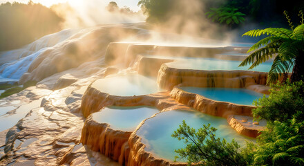 Mystical Geothermal Paradise: Steaming Terraces at Sunrise