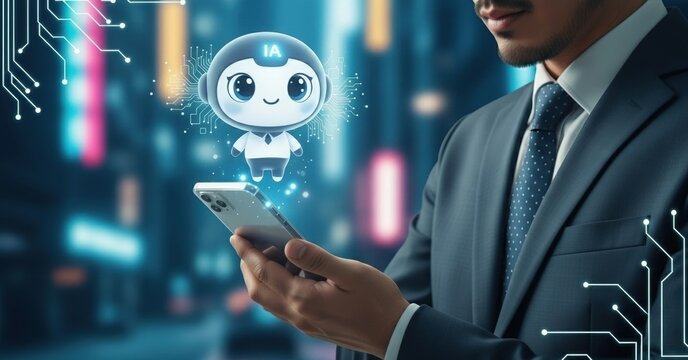 IA chatbot mignon holographique au-dessus d&rsquo;un smartphone tenu par un homme d&rsquo;affaires, technologies modernes dans le business du futur en France.
