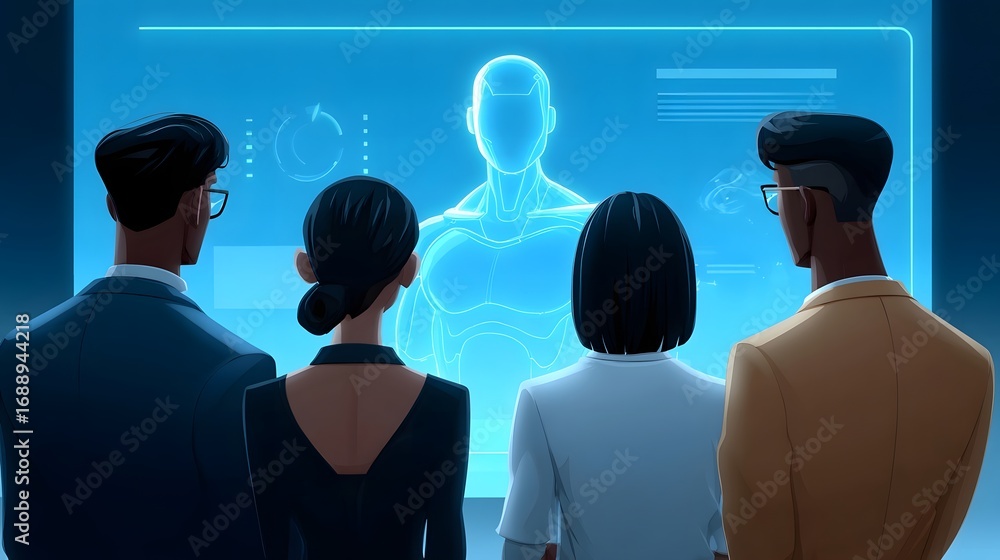 Poster a group of professionals gathered to observe a futuristic digital hologram display showcasing the la