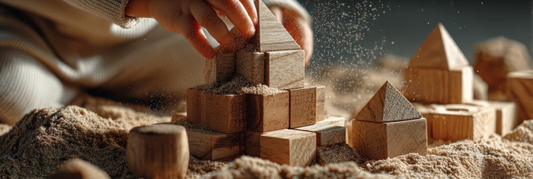 Child plays with wooden blocks in sand during afternoon at a cozy indoor space