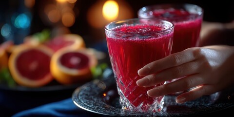 Refreshing berry drink served in elegant glasses with citrus fruits on a dark table