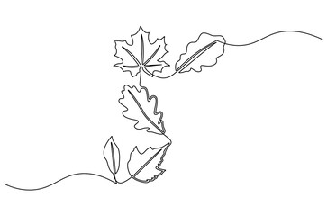 Continuous one line drawing of Autumn Leaves. Single line drawing illustration of Fall leaves. Autumn vibes concept vector art. Doodle line illustration.