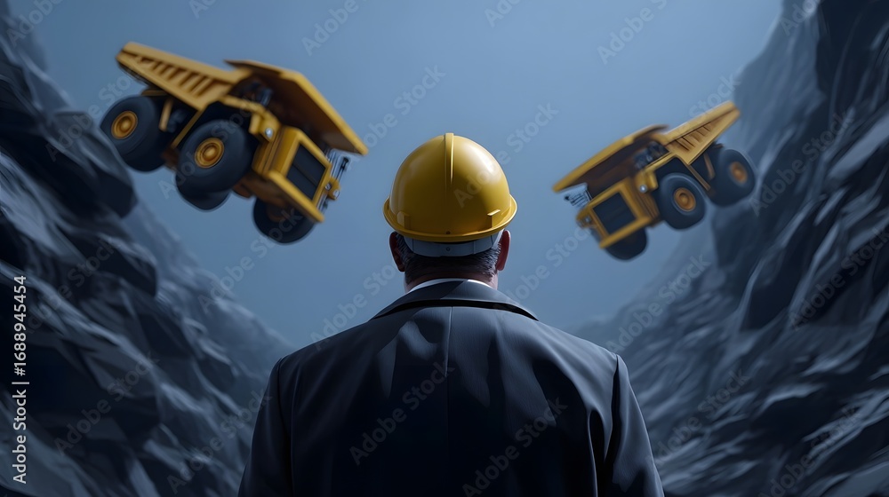 Poster large construction vehicles and mining equipment operating in a remote, mountainous quarry setting w