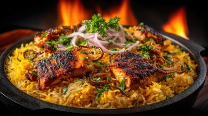Spicy grilled chicken biryani with rice