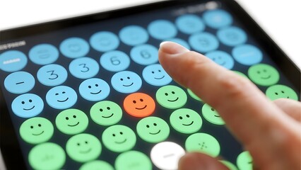 Finger selecting a smiley face on a digital keypad with colorful emoticons