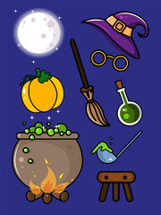 Halloween sticker set with mystic tools and wood waymark, pumpkin, witch hat and witch's cauldron, moon