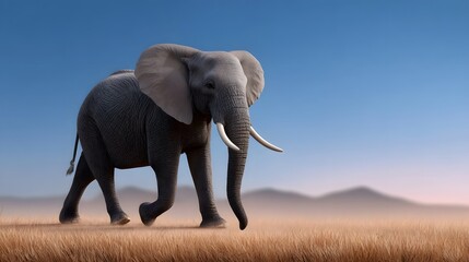 Obraz premium A solitary African elephant confidently strides through the vast, golden savanna landscape under a clear blue sky, showcasing the power and grace of this iconic wildlife species.