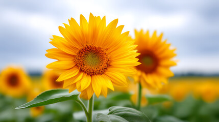 Obraz premium Close-up of vibrant yellow sunflower bloom in field under cloudy sky