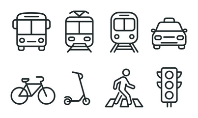 Transportation icons: bus, tram, train, taxi, bike, scooter, pedestrian, traffic light