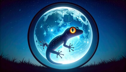 A gecko resting on glass, luminous eyes shining in moonlight.