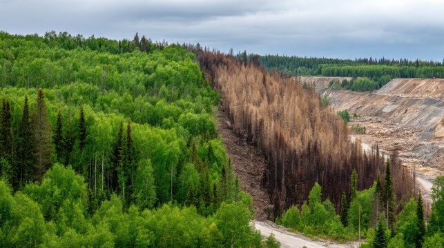 Forest Edge Adjacent to Burnt Trees and Open-Pit Mine - Powered by Adobe