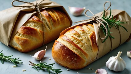 Bread baked in paper wrapping, with garlic, rosemary, and herbs, presented on a light surface. Fresh ingredients. Rustic bread packaging and presentation.