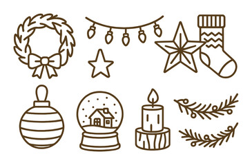 Hand-drawn christmas icon set: wreath, stocking, ornaments, candle, and snow globe