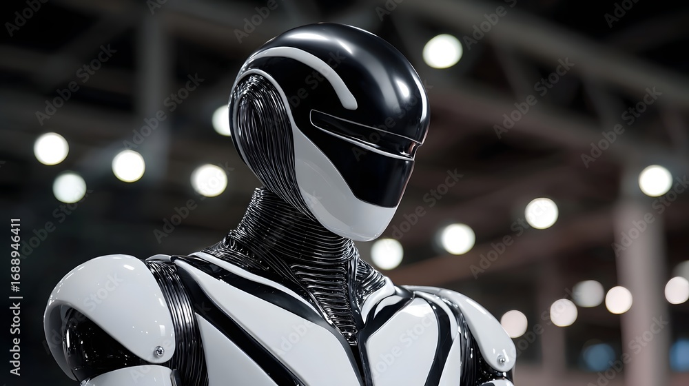 Poster a sleek, high-tech cyborg robot with a futuristic helmet and visor, showcasing advanced engineering 