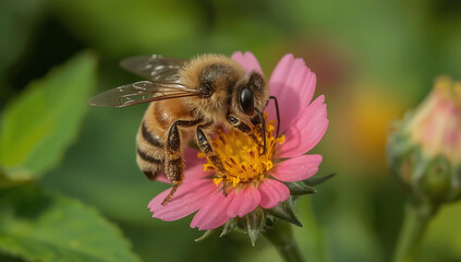 Close-up of a honey bee pollinating a vibrant pink flower, showcasing details of nature, macro photography, and pollination process.