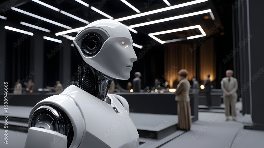 Aufkleber a sleek, humanoid robot with an array of advanced sensors and features, standing in a modern, high-t