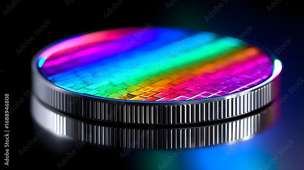 Poster vibrant, abstract image of a futuristic circuit board with intricate digital patterns and a rainbow 