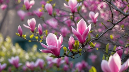 Obraz premium Magnolia flowers blooming on tree branches with pink petals. Springtime floral scene with vibrant colors. Nature and blooming flowers, spring season.
