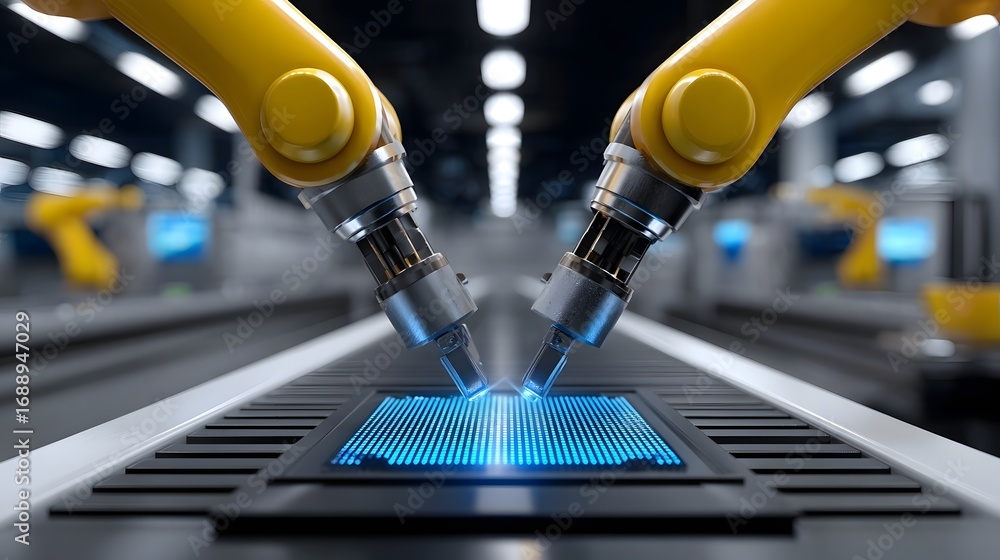 Poster two yellow robotic arms working in a high-tech factory or production facility, showcasing advanced a