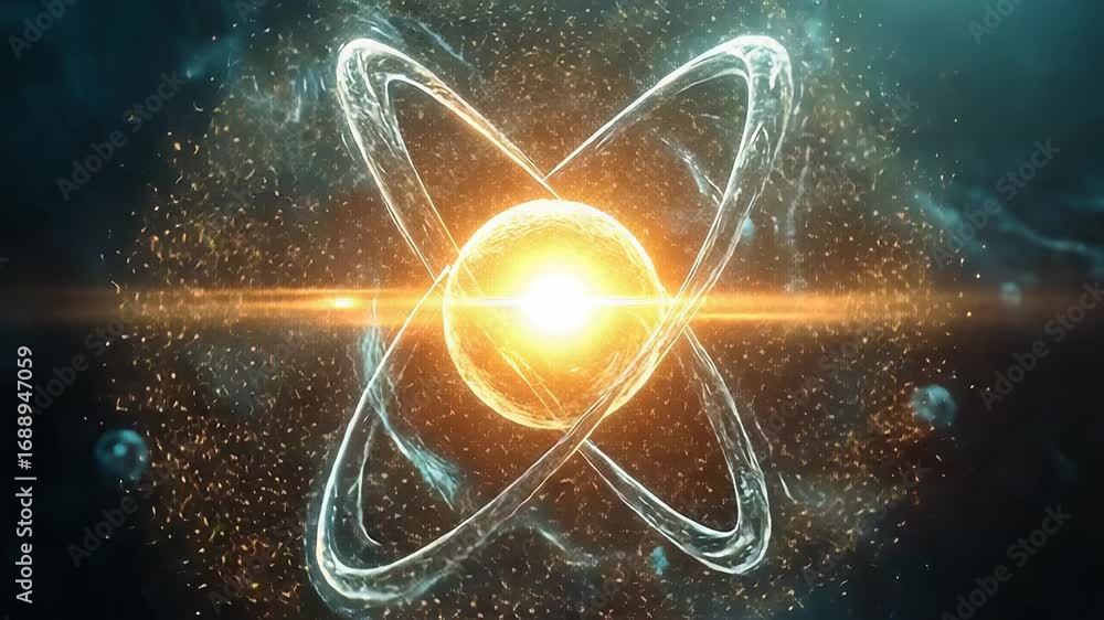 Poster atom nucleus with electrons orbiting, creating energy in space