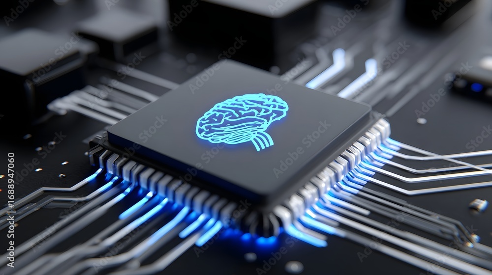 Aufkleber a futuristic microchip with a digital brain representation, symbolizing advancements in intelligence