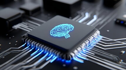 A futuristic microchip with a digital brain representation, symbolizing advancements in intelligence and computer technology.
