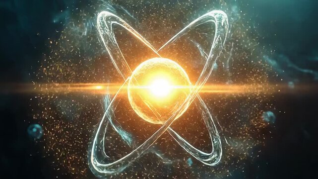 Atom nucleus with electrons orbiting, creating energy in space