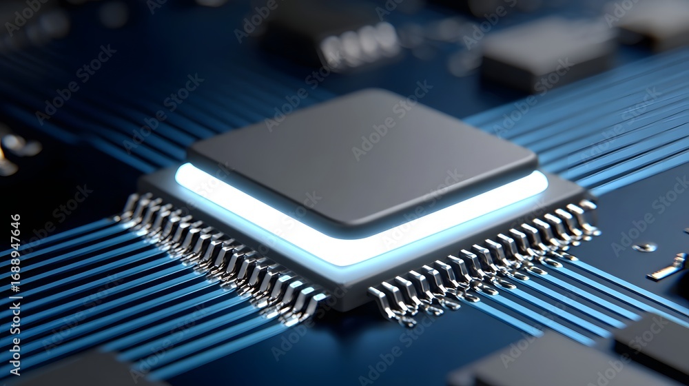 Poster a detailed close-up view of a complex microchip or processor embedded on a blue-colored circuit boar