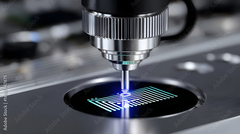 Poster a close-up view of a high-tech digital scanning instrument being used for precision engineering, ana