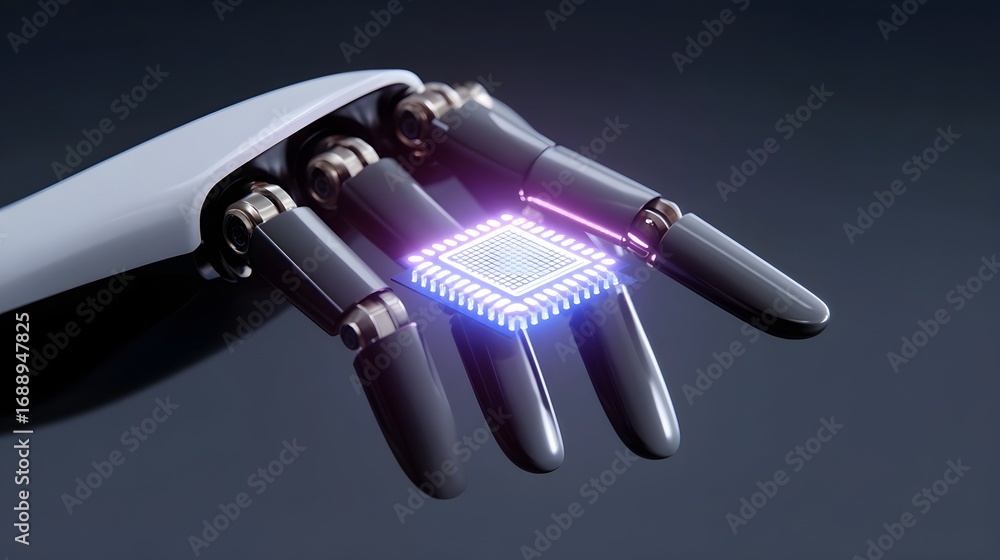 Poster close-up of a futuristic robotic hand with an illuminated, high-tech digital display panel in the pa