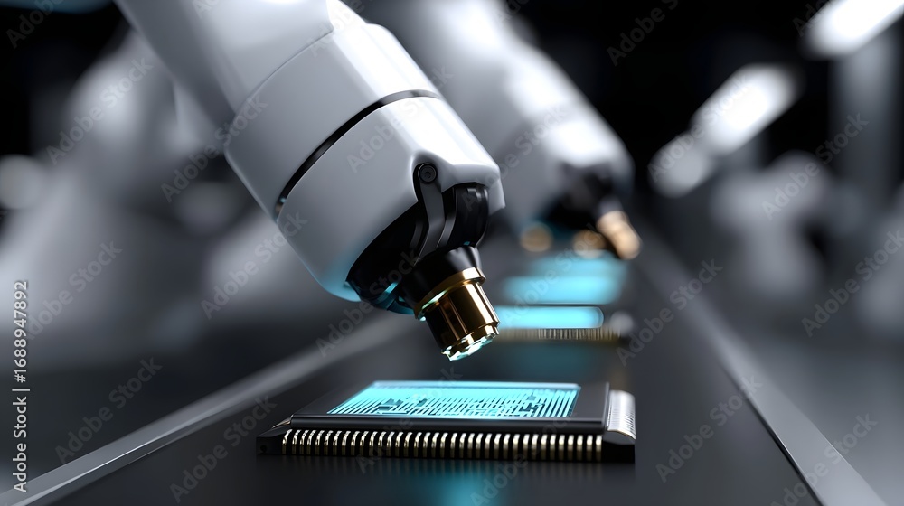 Poster a robotic arm carefully manipulating and soldering the components on an intricate circuit board, sho