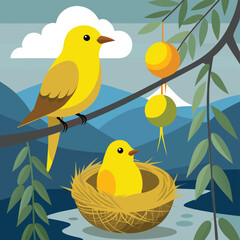 Yellow Bird on Branch and Nest Illustration with Mountain Background and Fruit