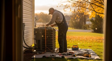 Man installing air conditioning unit outside house. HVAC technician working on climate control system. Home heating, ventilation, recuperation concept.