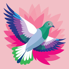 Colorful Dove in Flight with Pink Floral Background