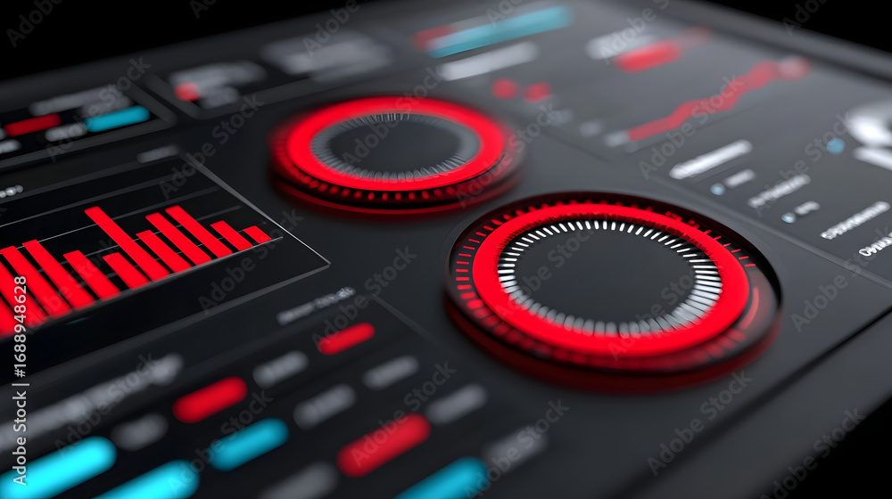Poster a high-tech digital audio interface and mixer control panel with various knobs, sliders, and led met