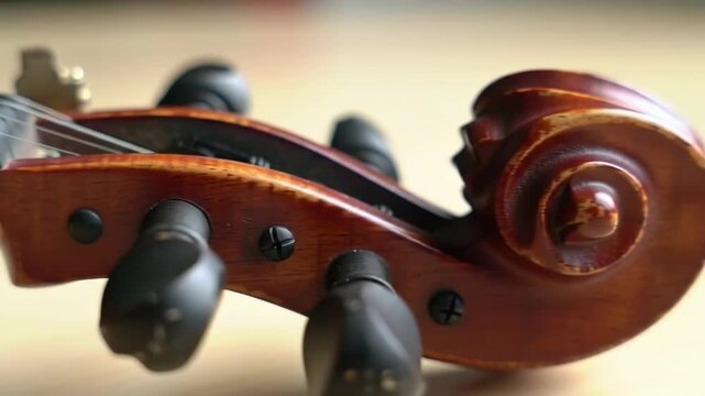 Close-up view of the scroll and pegs of a violin on wood table