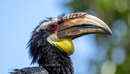 Obraz premium A hornbill with vibrant bill, perched tall with an intense stare