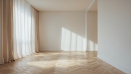 Obraz premium Empty room with sunlight streaming through sheer curtains, casting shadows on the wooden floor. Bright, minimalist interior with white walls and natural light.