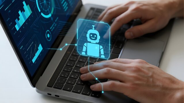 Hands typing on a laptop with a holographic robot icon and data analytics displayed on the screen