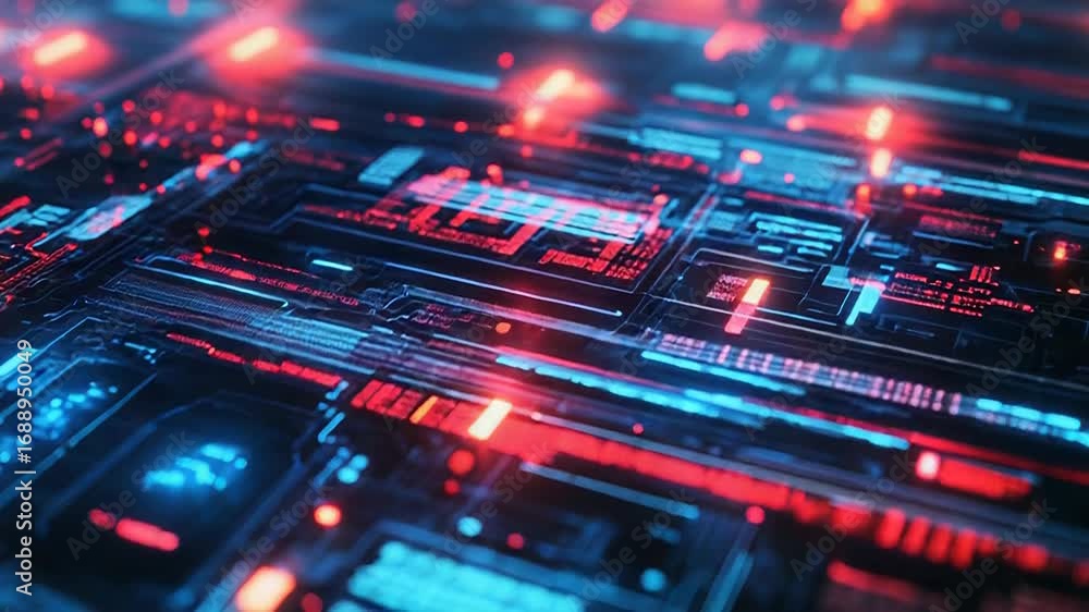 Poster futuristic circuit board pulsating with red and blue lights