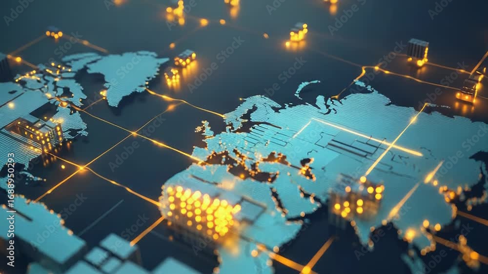 Aufkleber global logistics network connecting world with digital containers and nodes