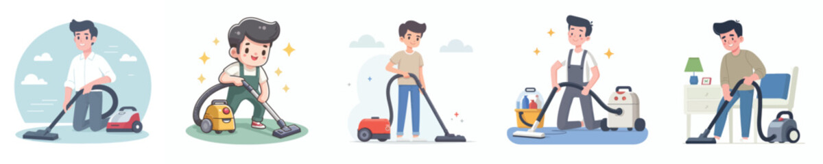 vector of a man cleaning the house with a vacuum cleaner