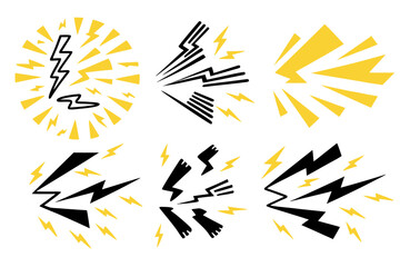 Lightning Bolt Icon Set: Black & Yellow Graphic Design Elements